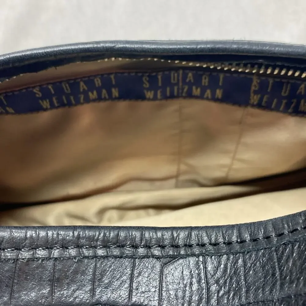 Stuart Weitzman Black Crocodile-Embossed Leather Hobo Bag Silver Hardware